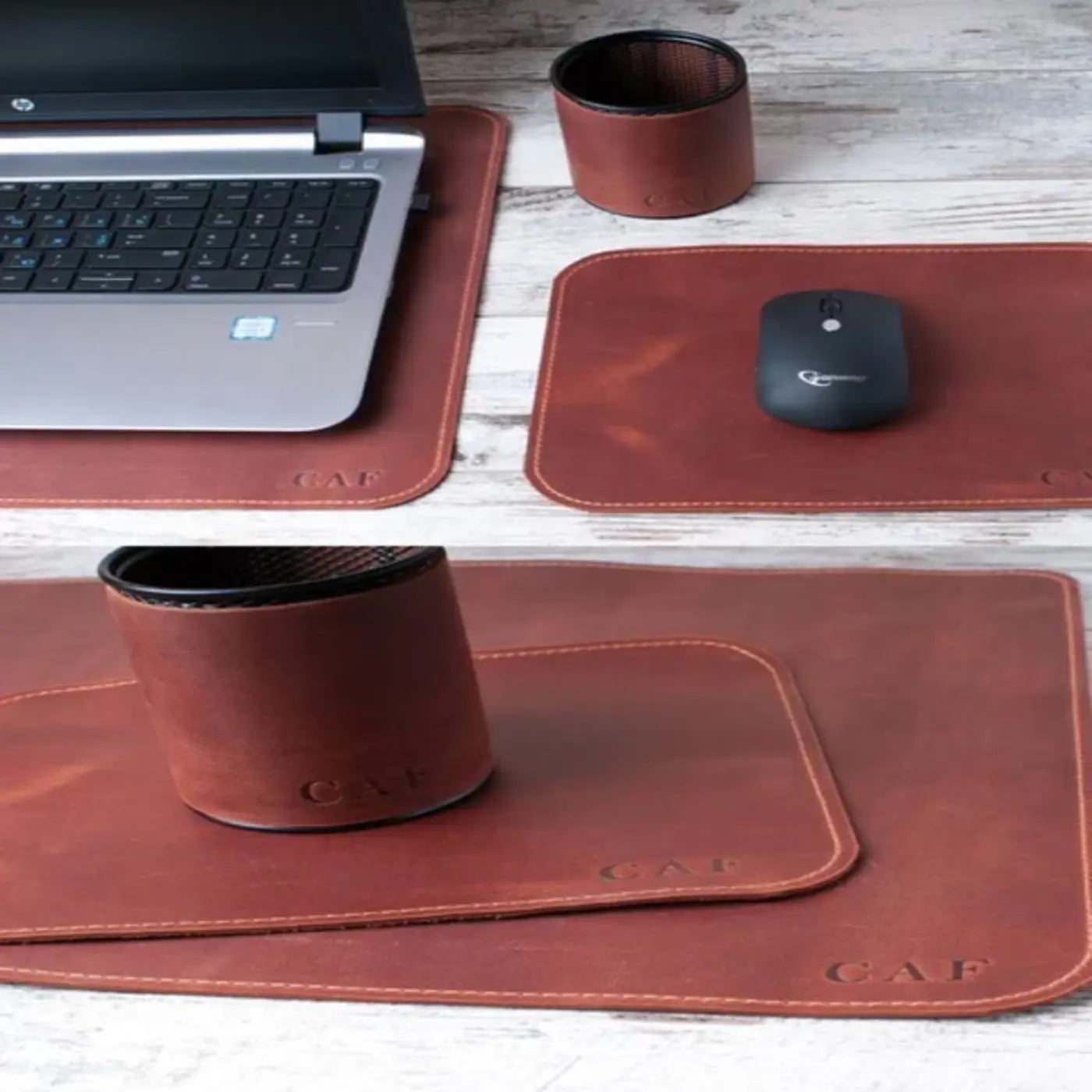 Brown Leather Office Desk Organizer Set