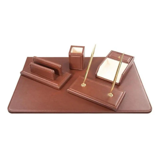 Luxe Brown Leather Office Desk Set