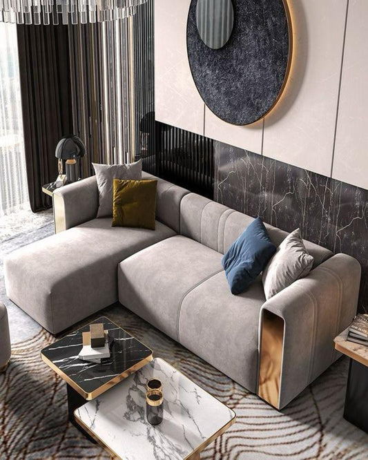 L-Shape Grey Velvet Sofa Set