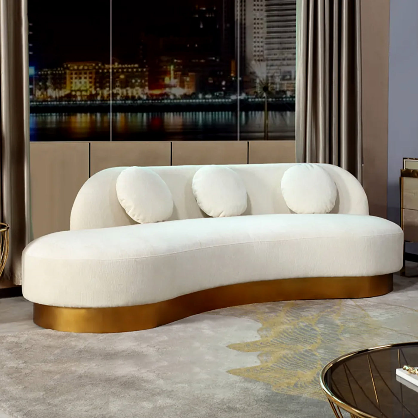 Emma Caved White Golden Metal 3 Seater Sofas