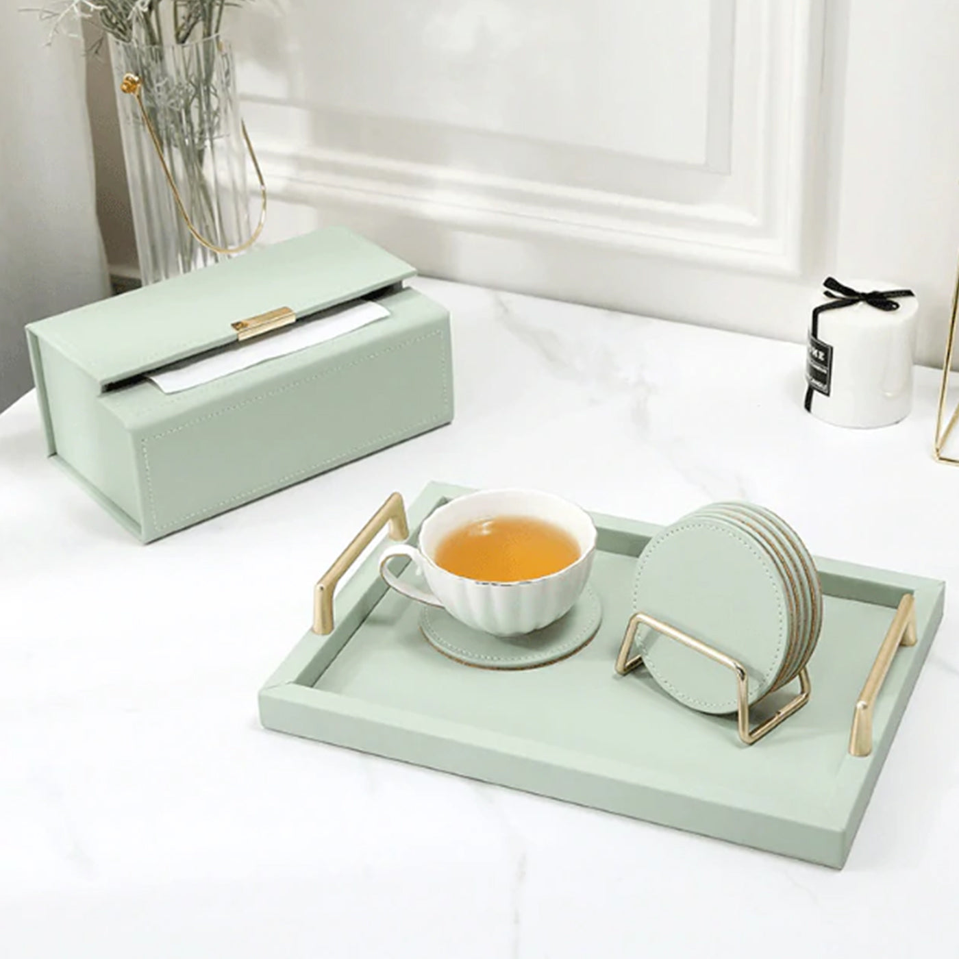 Giada Luxury Green Wood Tray With Handles