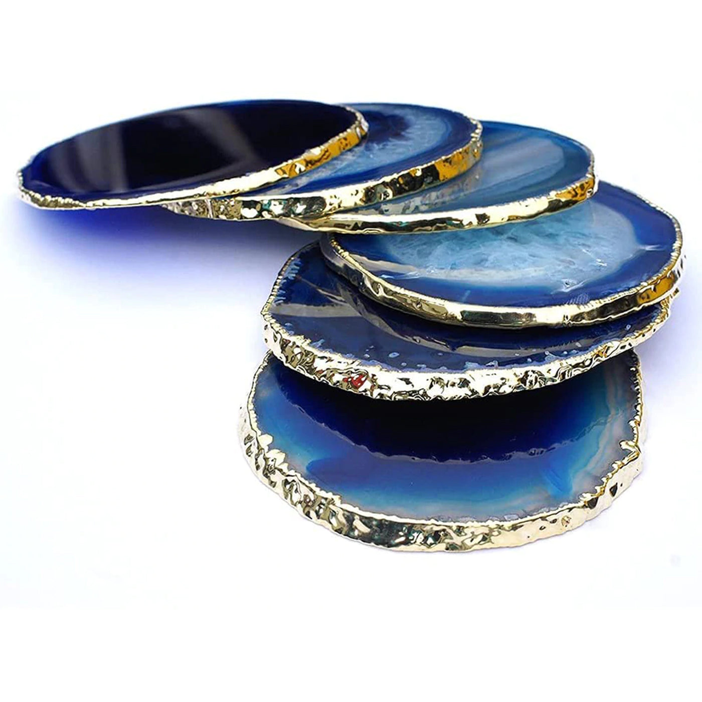 Miriam Blue Agate Coasters With Gold Toned Edge Bulk Set Natural Crystal Gifts Décor