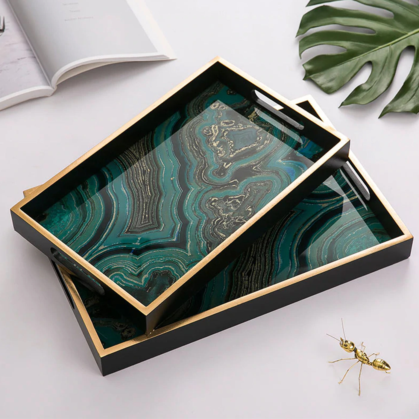 Brandon Stone Pattern Wood Glass Tray