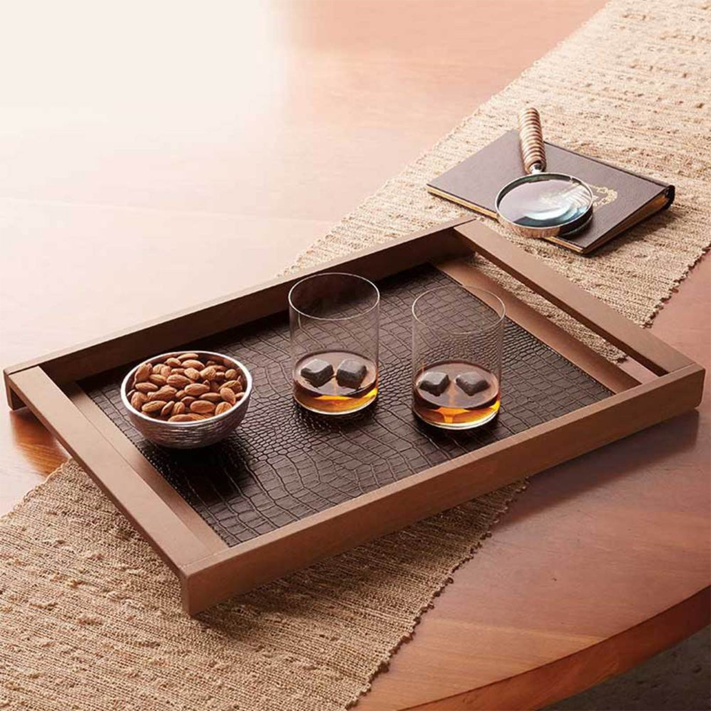 Jaden Large Walnut Serving Tray with Handles and Maple Accents