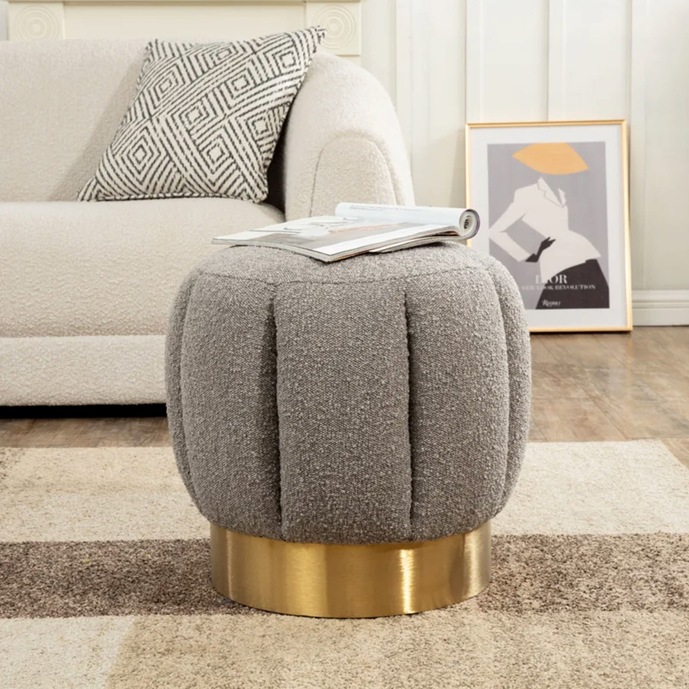 River Quilted Gray Ottomans Pouffes