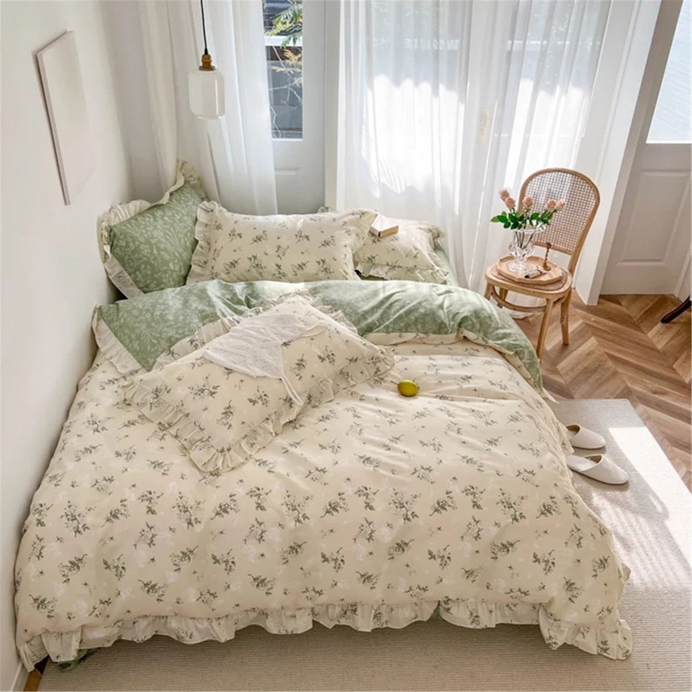 Daveigh Green Floral 100% Cotton Duvet Cover  Bed Sheets