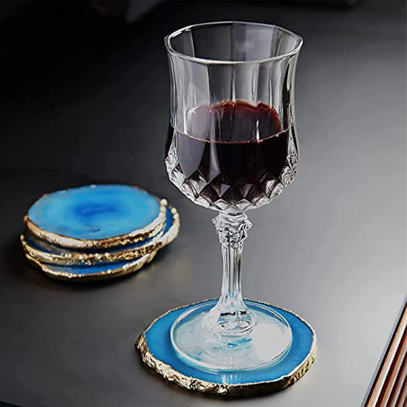 Miriam Blue Agate Coasters With Gold Toned Edge Bulk Set Natural Crystal Gifts Décor