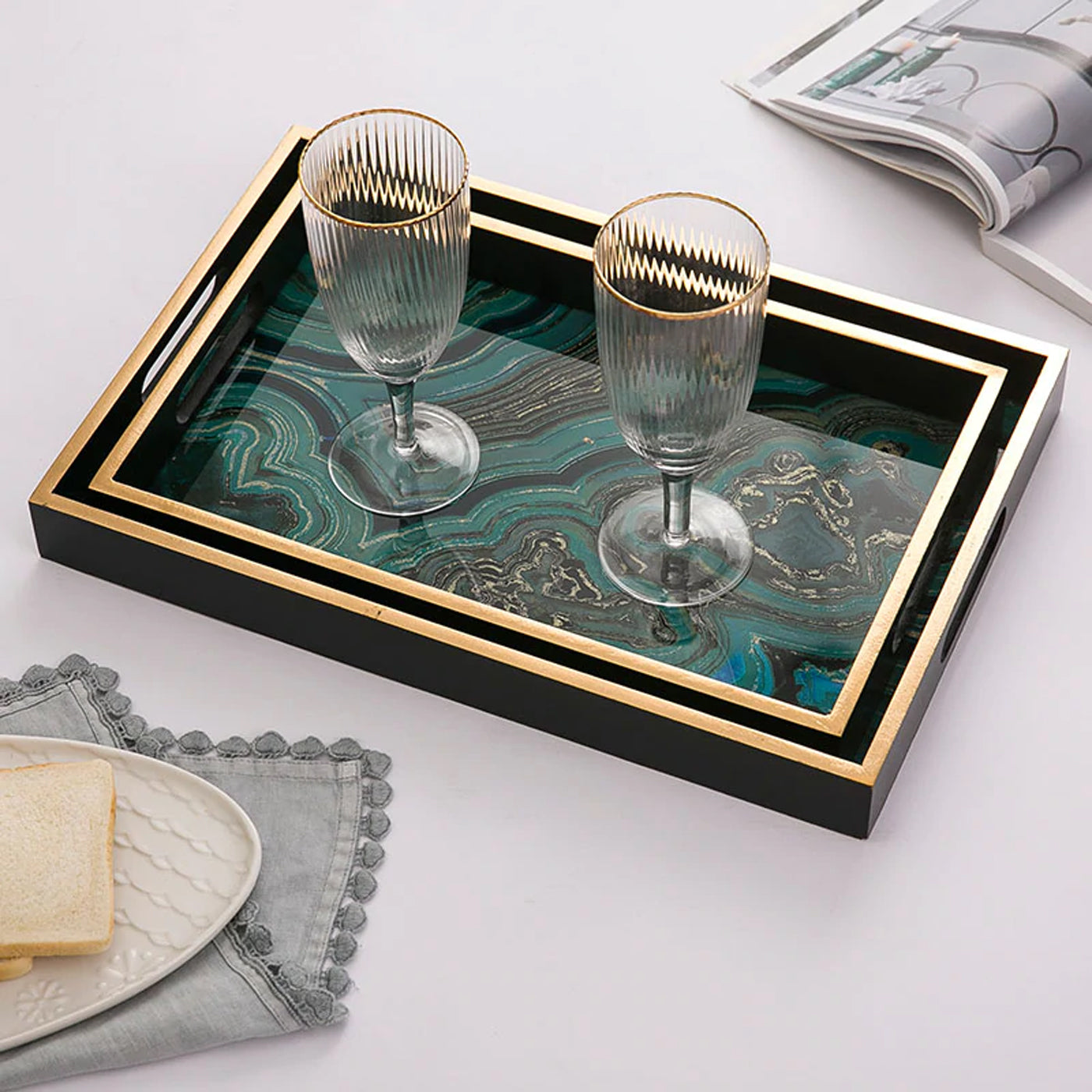 Brandon Stone Pattern Wood Glass Tray