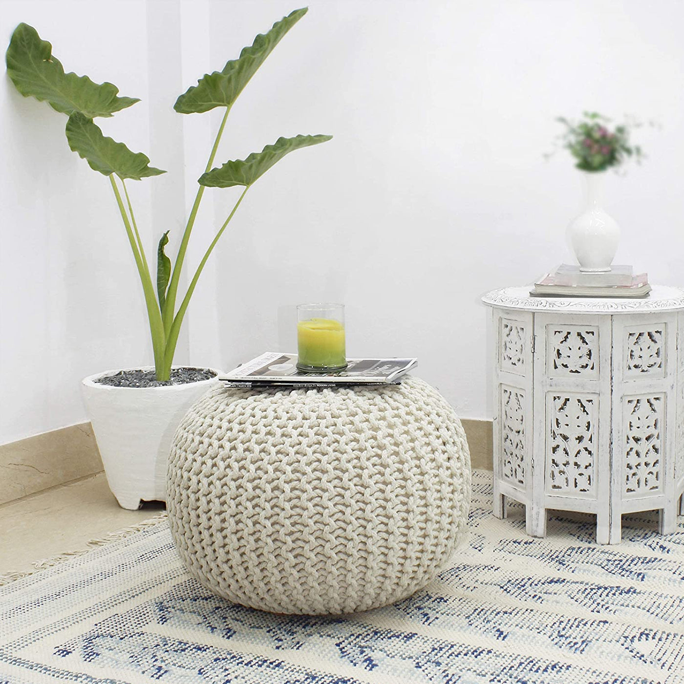 Dustup Luxury White Round Ottomans Pouffes